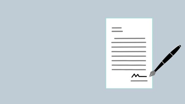 Pen signing paper with copy space. Animated business agreement scene. Suitable for contract signing, partnership deal, business collaboration. Clean corporate concept.