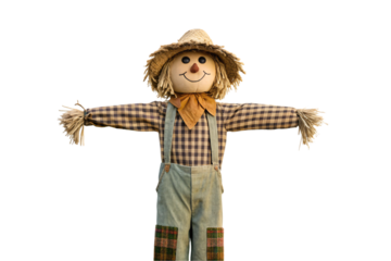Cheerful cartoon scarecrow with blonde straw hair checkered shirt suspenders orange neckerchief and friendly painted smile, isolated on a transparent background