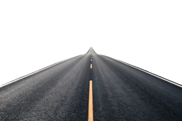 Empty asphalt road stretching to horizon with yellow center line and white edge markings perspective view, isolated on a transparent background