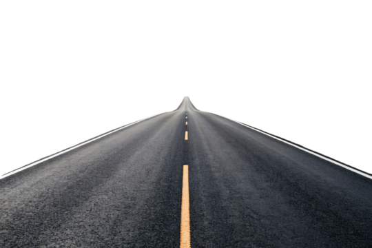 Empty asphalt road stretching to horizon with yellow center line and white edge markings perspective view, isolated on a transparent background