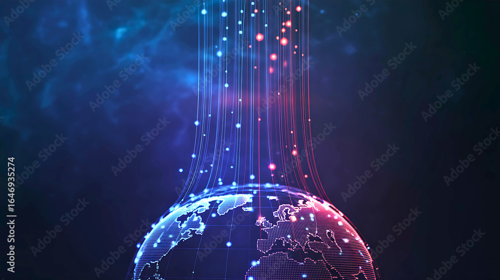 Poster planet earth in cyberspace with luminous data streams rising, representing global network and techno