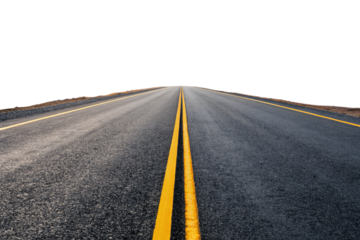 Straight highway road surface with double yellow center lines disappearing into distance with perfect perspective alignment, isolated on a transparent background