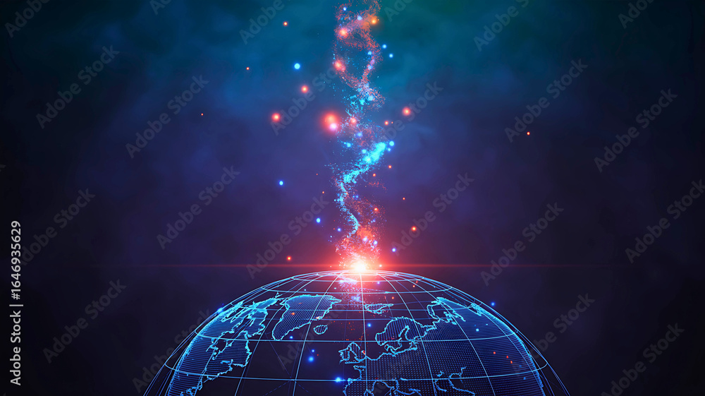 Poster futuristic concept of global data transmission with glowing energy particles forming a helix structu