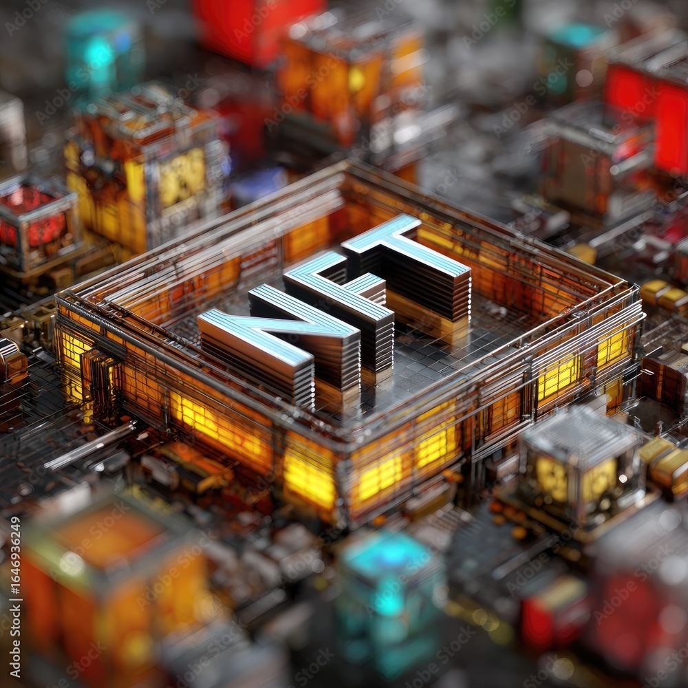 Poster nft letters adorn a tech chip encased in a cube with a circuit board surrounded by glowing cubes