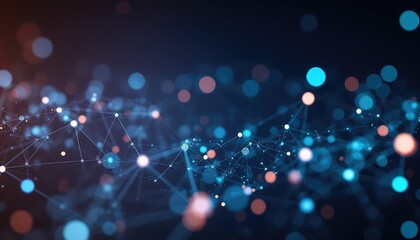 Connected network of glowing spheres and lines, data visualization with depth of field and ethereal feel