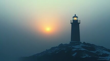 Mysterious Dawn at Sea, Lighthouse Standing Tall Amidst a Coastal Fog with Hazy Horizon Silhouette