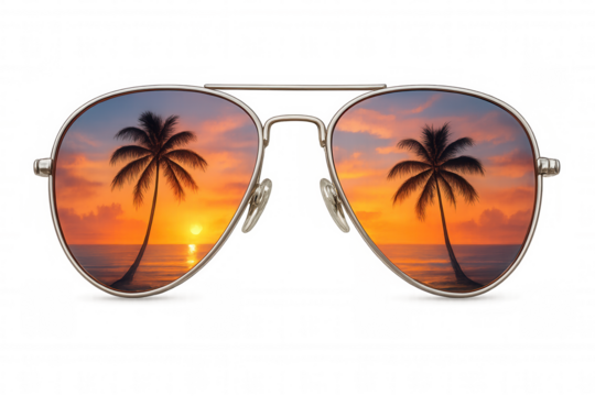 Aviator sunglasses reflecting a beautiful tropical sunset with palm trees on a transparent background