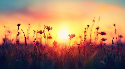Beautiful Sunset Over Wildflower Field With Vibrant Colors and Soft Glowing Light