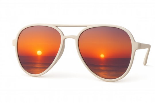 White sunglasses are reflecting a beautiful orange sunset over a calm ocean, isolated on a transparent background - Powered by Adobe