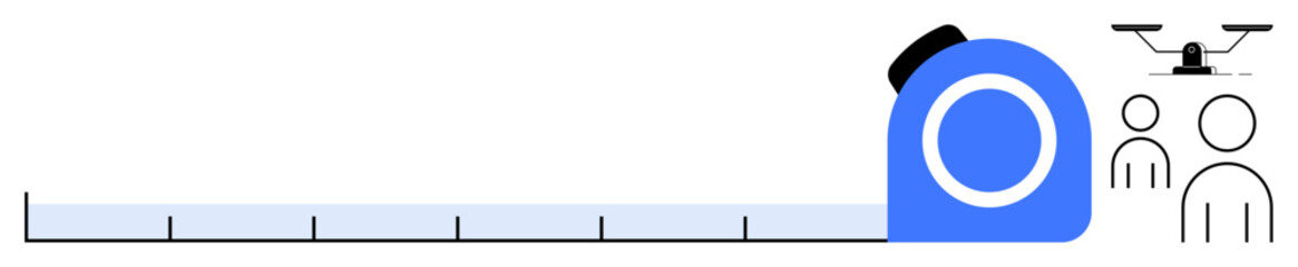 Measuring tape fully extended alongside a drone and human figures, suggesting precision, innovation, and measurement. Ideal for technology, engineering, construction, surveying, planning analysis