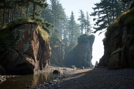 Rocky coastal passage through misty forest