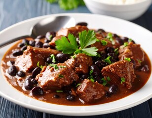 Dark Brown Beef Stew With Black Beans And Parsley