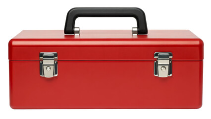 Red Metal Tool Box with Black Handle and Silver Latches on white background