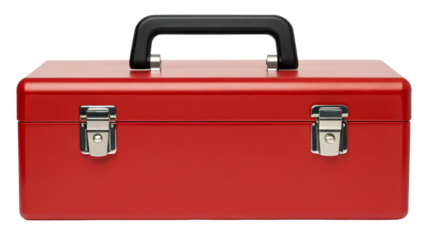 Red Metal Tool Box with Black Handle and Silver Latches on white background