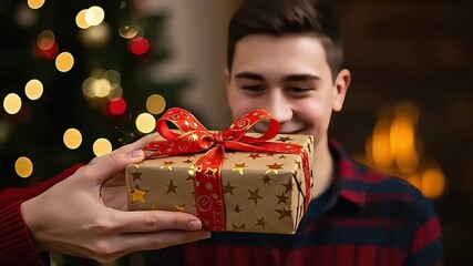 Joyful Young Man Presenting a Festive Holiday Gift with Christmas Tree Lights in Background