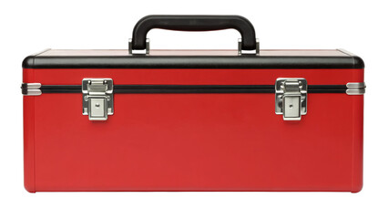 Red Metal Tool Box with Black Top and Silver Latches on Transparent Background