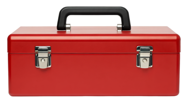 Red Metal Tool Box with Black Handle and Silver Latches on white background