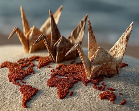 Paper cranes soaring above a world map outlined in sand.
