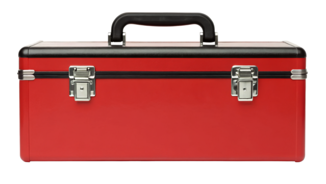 Red Metal Tool Box with Black Top and Silver Latches on Transparent Background