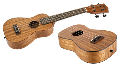 Fototapeta premium Ukulele Showcase, Mahogany Wood Soprano Ukulele with Detailed Views on white background
