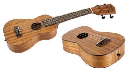Ukulele Showcase, Mahogany Wood Soprano Ukulele with Detailed Views on white background