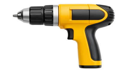 Yellow and Black Cordless Screwdriver with Metal Chuck on white background