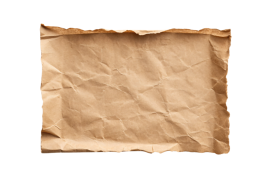 Old crumpled paper texture with rough torn borders and antique appearance, isolated on a transparent background