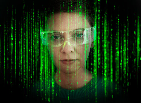 Engineer wearing AR glasses with data stream in cybersecurity concept