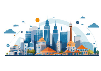 Vector illustration of modern city buildings and airplane for educational use in urban planning
City skyline with skyscrapers and spire tower for teaching architectural diversity and design