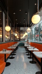 Nostalgic Diner Interior Featuring Orange Vinyl Booths, White Tables, Globe Lights, and Retro Decor