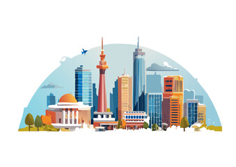 Obraz premium Stylized city skyline with airplane flying above for teaching urban design and architecture Vector illustration of modern city buildings and airplane for educational use in urban planning