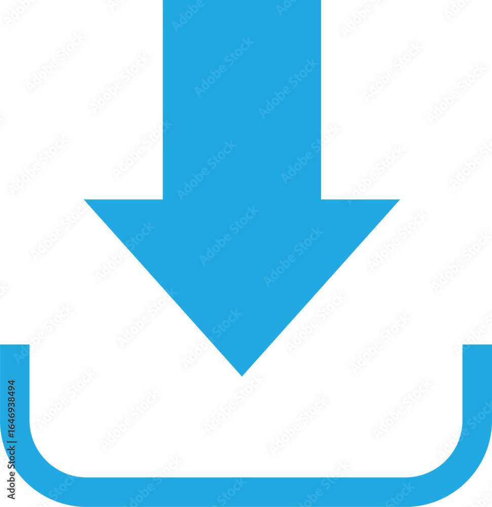Poster blue download arrow icon with curved line base, flat vector symbol for data transfer, software updat