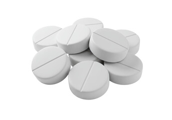 Seven identical, pristine, matte white round forms with subtle score lines, artfully piled on a transparent minimalist surface, soft shadowless illumination, concept of precise solutions