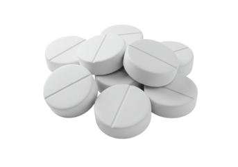 Seven identical, pristine, matte white round forms with subtle score lines, artfully piled on a transparent minimalist surface, soft shadowless illumination, concept of precise solutions