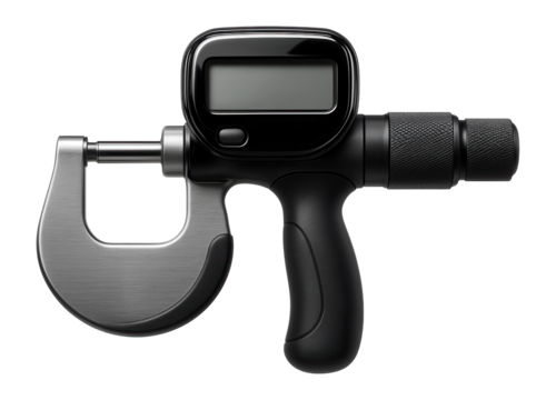 Digital mechanical micrometer with an LCD display for accurate readings in a laboratory setting.