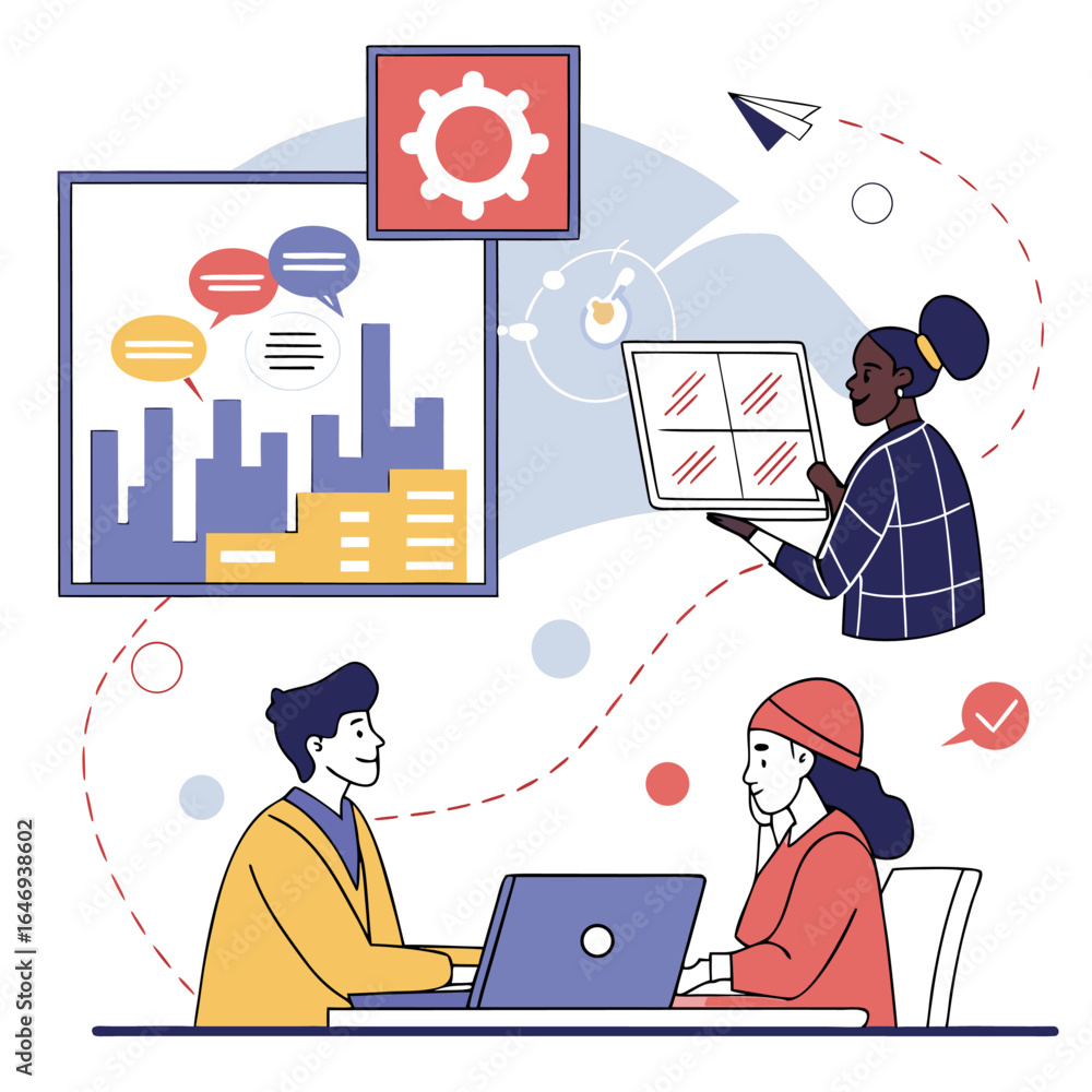 Poster illustration of remote working showing people connected via laptop and video conferencing in differe