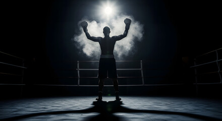 Boxing match victory celebration arena sports photography dark lighting silhouette view triumph concept