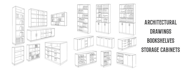 Architectural line drawings of bookshelves and storage cabinets for office spaces in minimal black and white vector style for interior design and workspace layouts