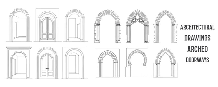 Architectural line drawings of arched doorways leading to other rooms in minimal black and white vector style for interior design and architectural layouts