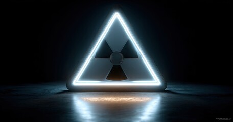 Glowing, triangular radiation warning symbol on dark surface