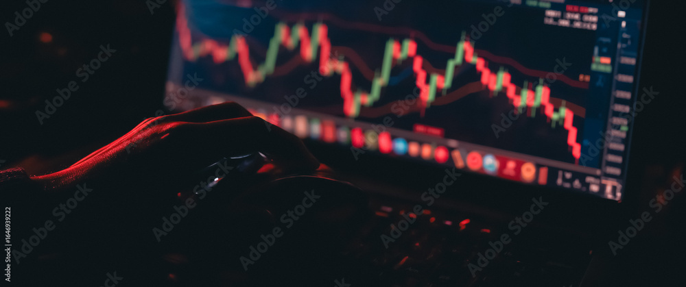 Poster analyzing financial trends: the image showcases a person using a laptop illuminated by the complex a