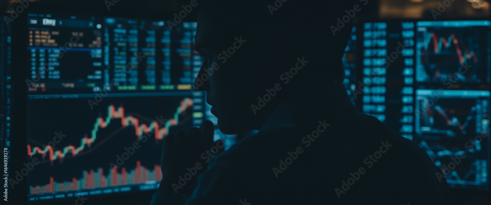 Aufkleber market analyst's focus: a silhouetted individual, engrossed in analyzing complex financial data disp