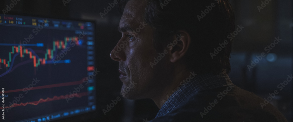 Aufkleber market analyst deep in thought: a close-up shot captures a man deeply focused, analyzing intricate f