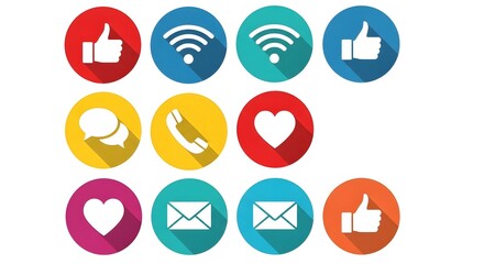Collection of popular social media icons in colorful oval shapes with long shadows