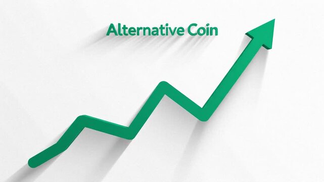 Green arrow showing fluctuation and growth of alternative coin. Cryptocurrency market dynamics with rising trend. Digital finance concept footage.