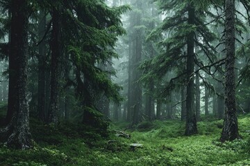 Misty forest scene, lush greenery, tall pines