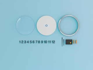 Clock components arranged in a row with numbers and copy space