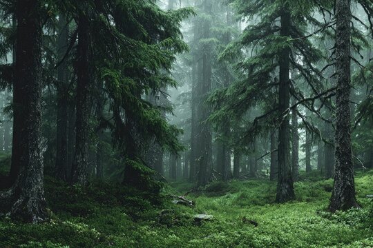 Misty forest scene, lush greenery, tall pines