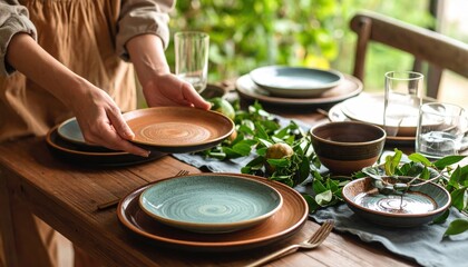Rustic Table Setting With Hand Placing Plate