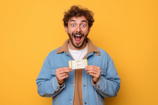 Happy man holding a winning lottery ticket and smiling. Concept of luck, success, financial windfall, and life-changing moments.